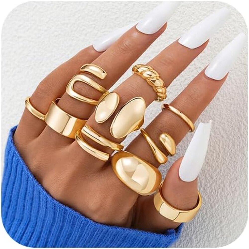 ⭐10PCS Women's 18K Gold Plated Open Stackable Rings Chunky Set